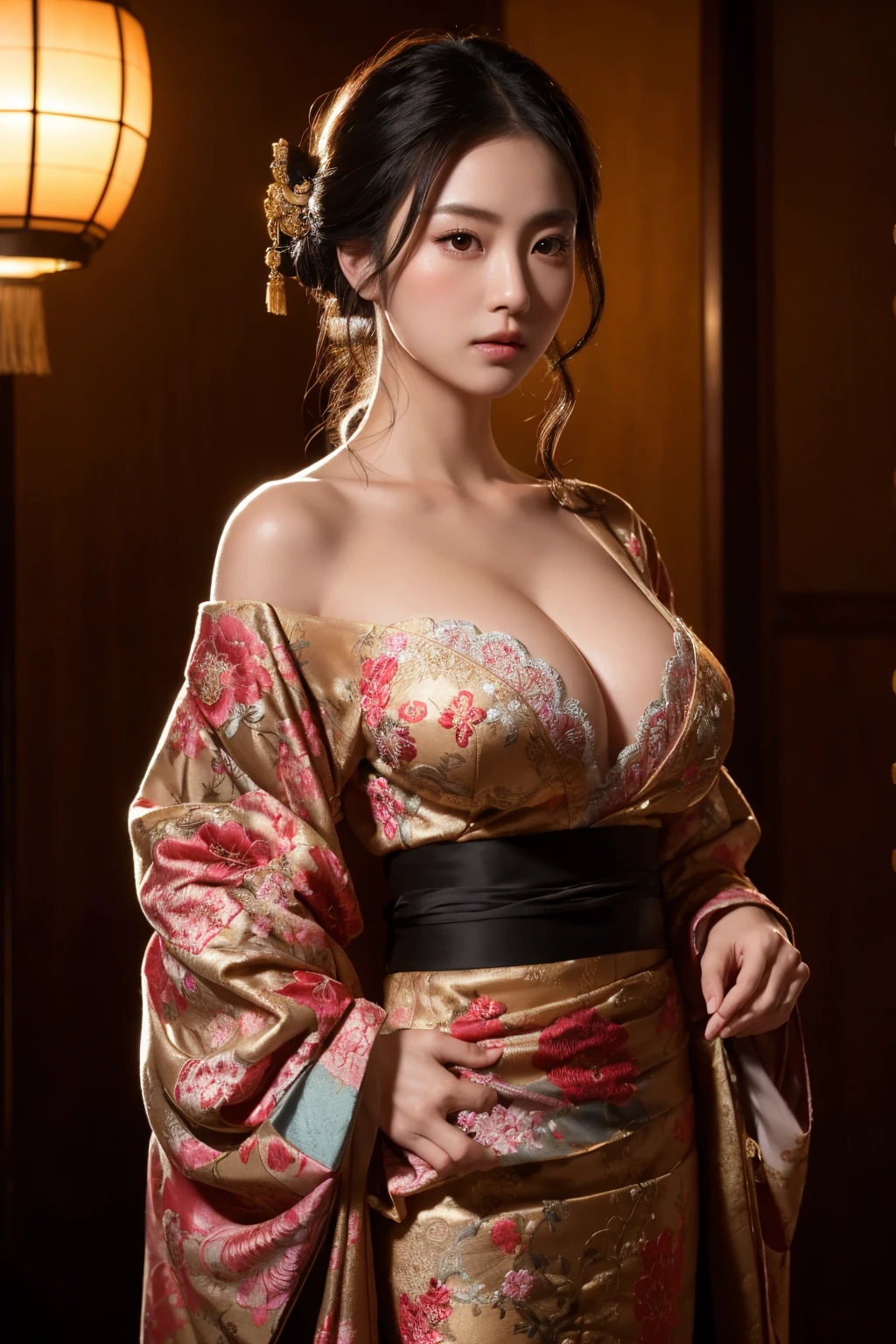 a beautiful japanese woman wearing an ornate kimono with intricate embroidery, extremely large breasts, dark lighting, cinematic, artistic composition, looking at viewer, masterpiece, ultra-detailed, 8k, photorealistic, chiaroscuro lighting, elegant, refined, graceful, serene, mystical, atmospheric