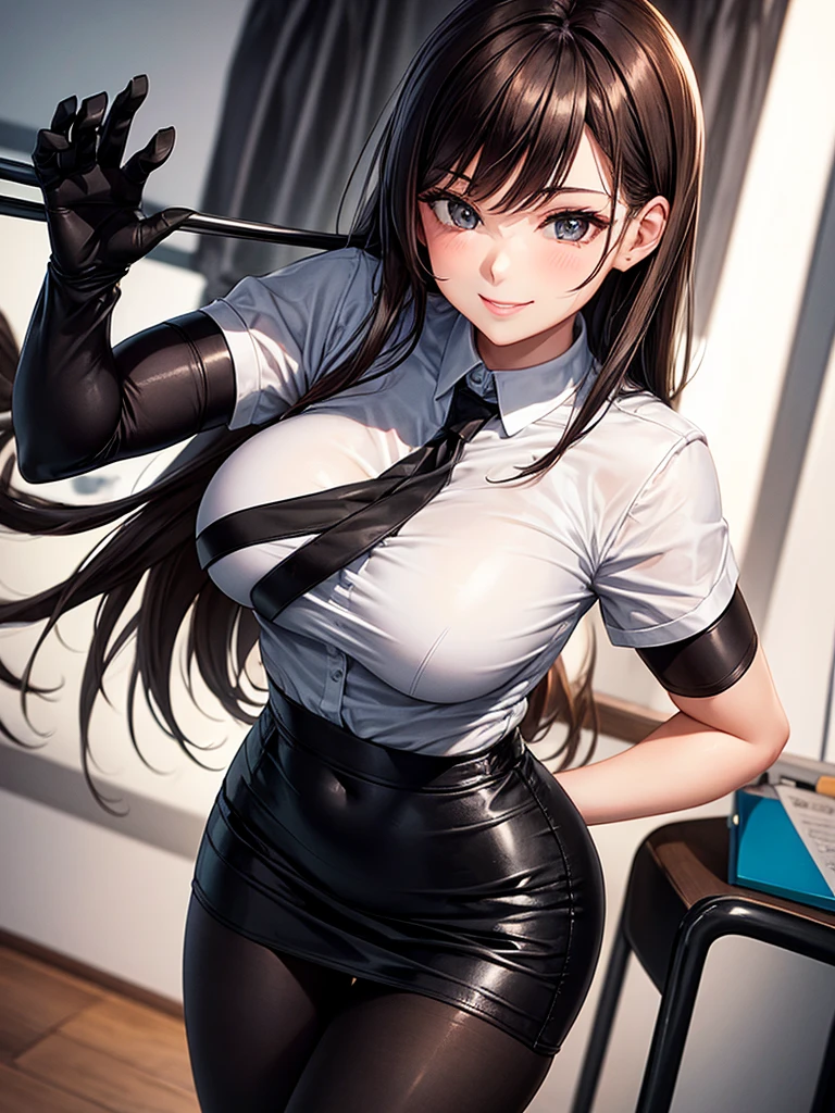 girl in a white shirt and black pencil skirt ,in black tight tights ,brown-haired , in rubber gloves, full length pulls on the glove , Erotic smile