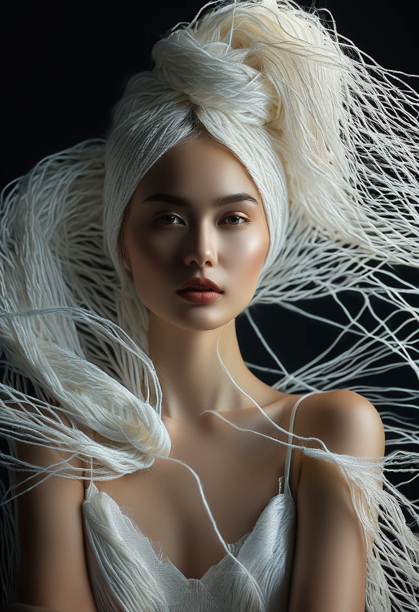 Female Model,Dark background,Backlight,Long white yarn,Michal Katz Style,Ultra-fine details,photography,4K