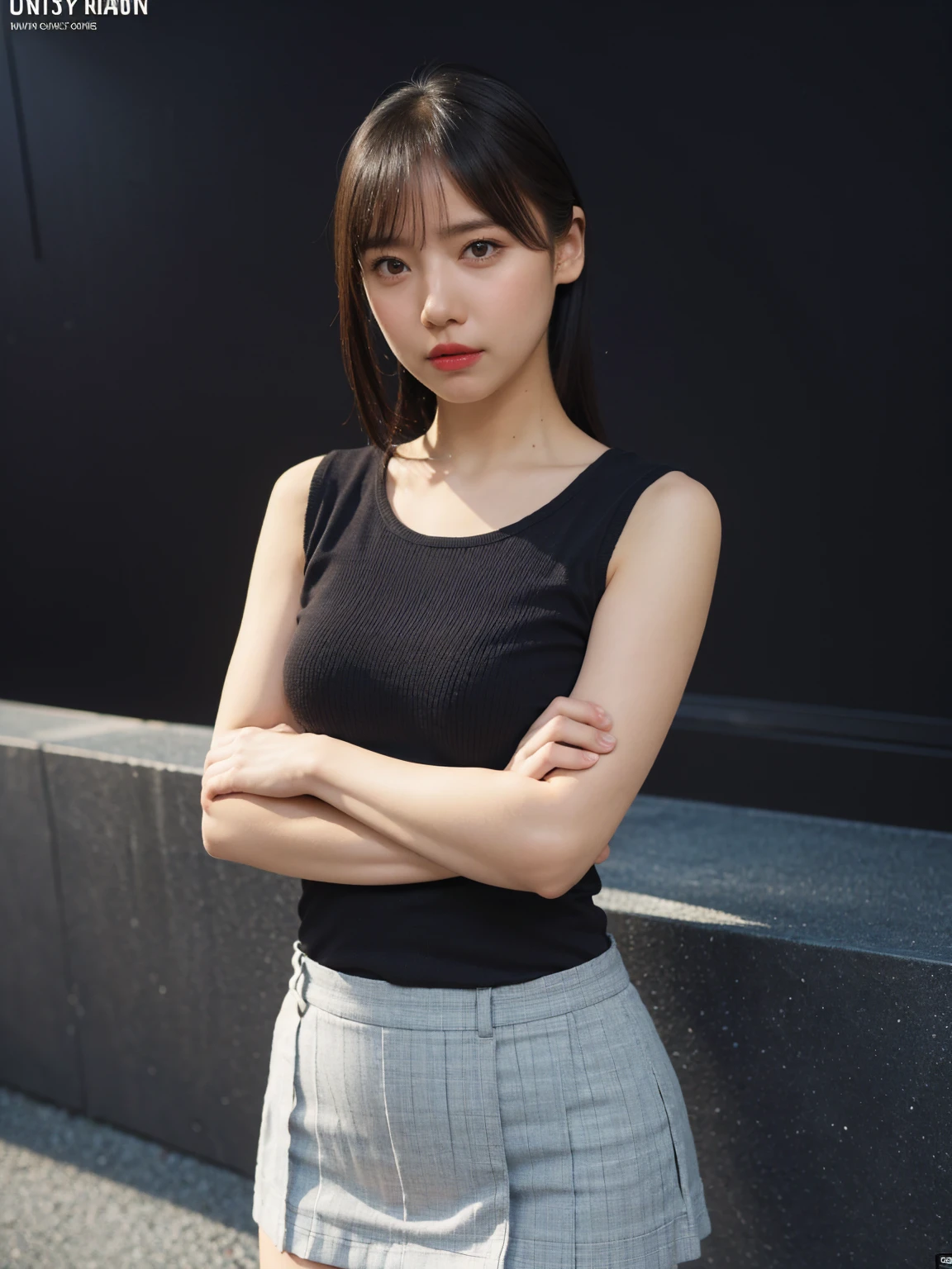 1girl, woman, masterpiece, best quality, highest quality, cinematic lighting, (volumetric lighting), extremely detailed CG unity 8k wallpaper, focused, 8k wallpaper, extremely detailed, ultra realistic, photorealistic, sharp focus, absurdres, (HDR:1.2), (high contrast), photograph, detailed and intricate, instagram, portrait, highly detailed, digital painting, artstation, concept art, smooth, sharp focus, illustration, cinematic lighting, (natural big breast), black short skirt, eyes looking at the viewer, (very skinny legs), ((slender body)), skinny, (((height 160cm))), (HQ skin: 1.4, Realistic human body structure), (((standing with crossed arms))), full body:1.3, (wearing knit tank top, short skirt), (((medium shoulder)))