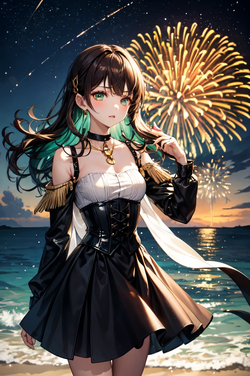 ((최고의 품질)), ((걸작)), (상세한), 여자 1명, Color Scheme: Earthy tones, primarily dark brown and black, with gold trimmings for accents.
Hairstyle: Long, wavy brown hair accessorized with a small floral clip.
Eyes: Striking green eyes.
Top: A corset-style top in black, enhancing the silhouette.
Jacket: A tailored military jacket with shoulder epaulets and brass buttons.
Accessories: A choker necklace with a green gemstone, matching the eye color.
Overall Vibe: Elegant, authoritative with a hint of mystique due to the dark palette and luxurious textures.
Location: A beach under a dark night sky illuminated by vibrant fireworks.
Details:
Sky: Deep, dark blue, almost black, filled with stars.
Fireworks: Colorful and bright, exploding in various patterns and colors, lighting up the night sky.
Ocean: Calm and reflective, mirroring the fireworks' display.
Sand: Golden, dimly lit by the fireworks above, creating a magical and festive atmosphere.
Additional Elements: Silhouettes of palm trees, a few lanterns along the shoreline, and the distant sound of waves blending with the bursts of fireworks.