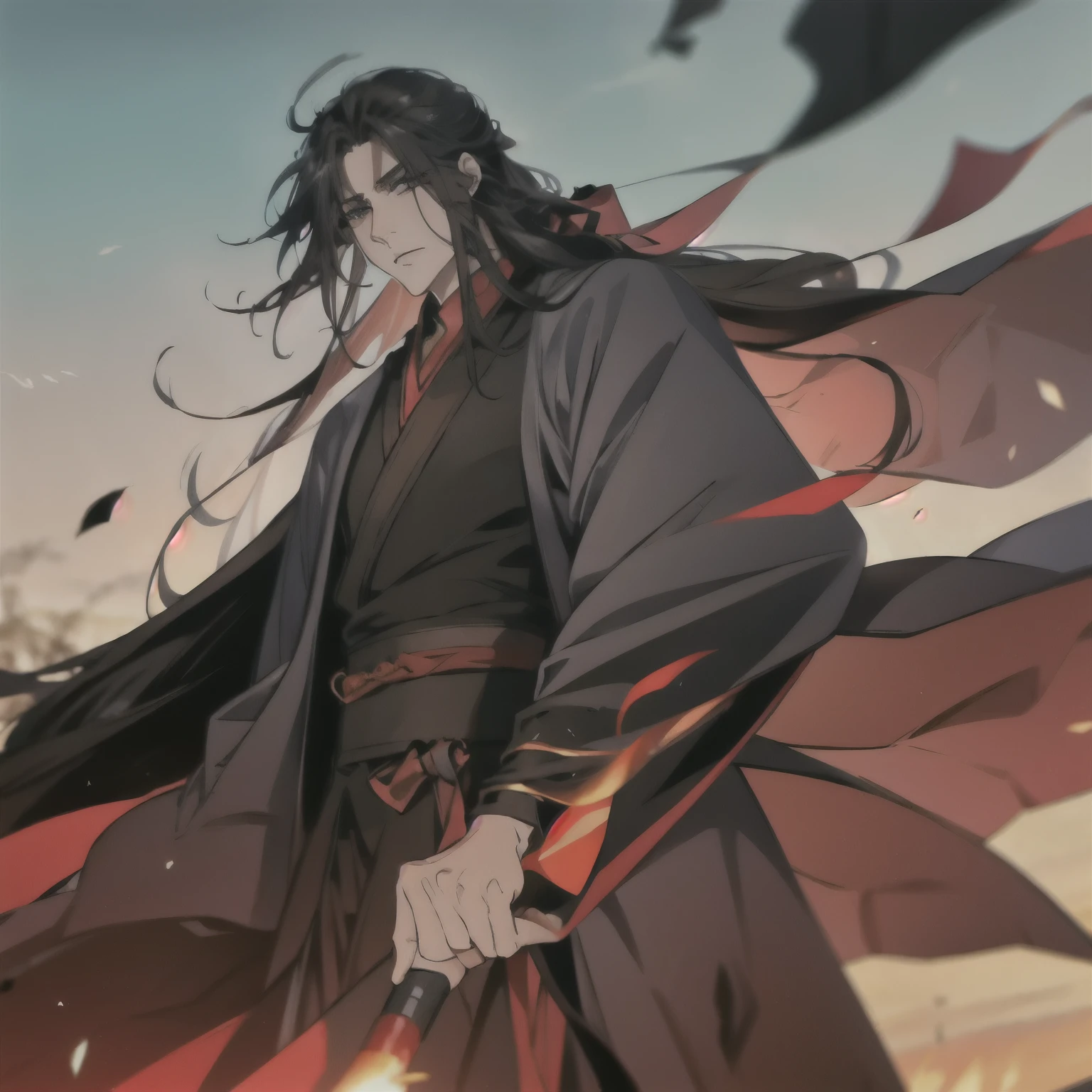(masterpiece, best quality:1.2), 1male, solo, wei wuxian, mo dao zu shi, mdzs, black clothes, grey eyes, long black hair, perfect anatomy, full body