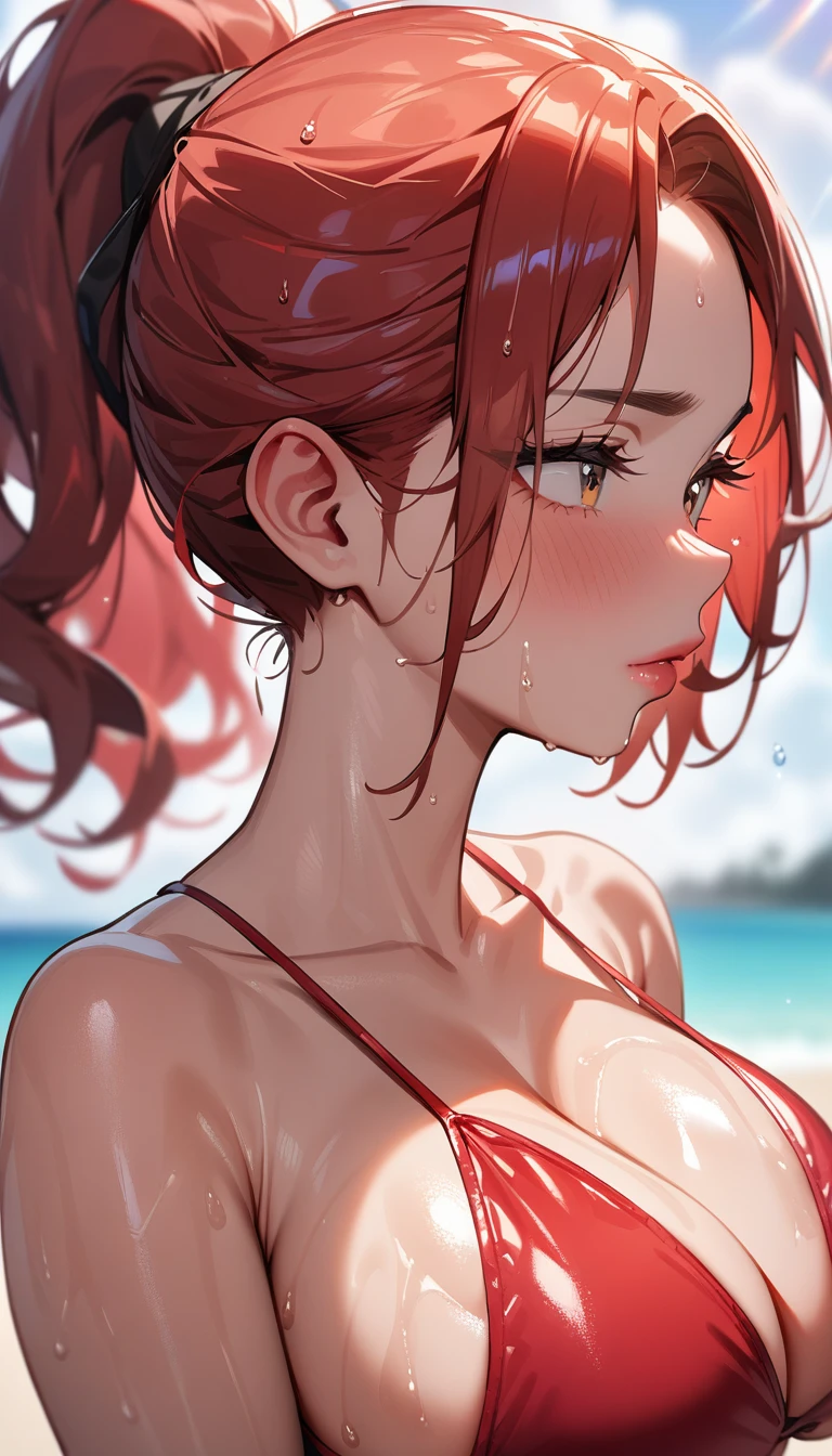1girl,solo,super detailed skin,shiny skin,wet oily skin,natural face ,eyelashes,lips gloss,Crimson hair,ponytail,large breasts,silk bikini,paradise beach,masterpiece,best quality,ultra detailed,high resolution,sharp focus,depth of field