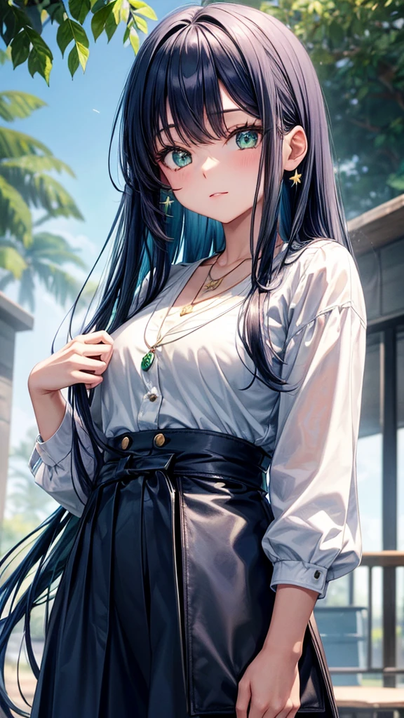 Aiko has long, straight dark blue hair that reaches her waist., large, bright emerald green eyes and a medium height. She usually wears her , but is also seen wearing smart casual clothes outside of school. Always wear a necklace with a star-shaped pendant, a gift from your grandmother.