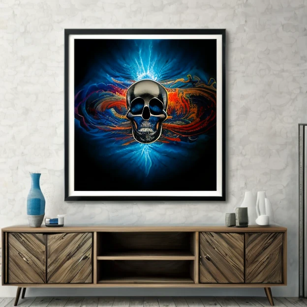  a skull with a blue energy aura, chromed steel, titanium, vanadium and iron, dominant blue color tonality, santa muerte,warped space scenario, fractal design, dark colours, masterpiece, highly detailed, 4k resolution,  3d modelling, digital art, abstract art
