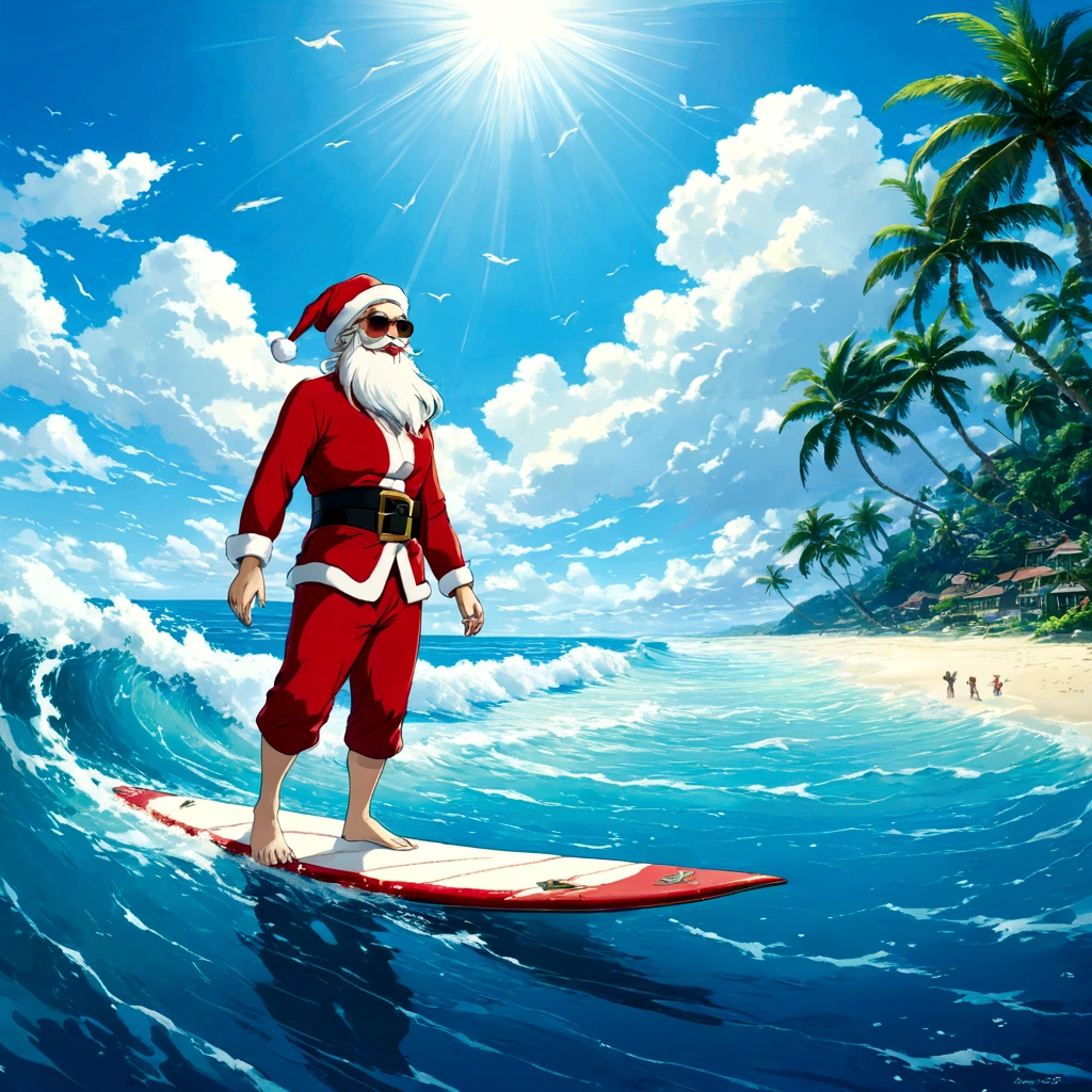 太陽が燦燦と輝くMidsummerのBeach。 turquoise blue のOceanには、The white sand beach continues forever、Palm tree leaves swaying in the pleasant sea breeze。
そのエメラルドグリーンのOcean面を、Santa Clausがサーフボードに乗って颯爽と滑走している。Santa is wearing red surf pants and sunglasses、With his white beard fluttering in the sea breeze、片手にキンキンに冷えたColaを持っている。Even while being hit by the spray of the waves、Santa has a big smile on his face、Forget the Christmas season、Enjoying the summer。Cumulonimbus clouds float in the blue sky.、Around Santa&#39;s surfboard、可愛いDolphinたちが飛び跳ねている。exactly、dream-like、MidsummerのOceanの奇跡！美しいAnime Scenery, Landscape painting, Beautiful digital painting, Andreas Rocha, Beautiful artwork illustration, Awesome Wallpapers, Raymond Han, Tall beautiful paintings, スタジオジブリ 新Ocean誠, Beautiful Wallpapers, Anime Scenery, Santa Claus, surfing, Cola, Midsummer, Ocean, Beach, Dolphin, Clear skies, Humans don't draw