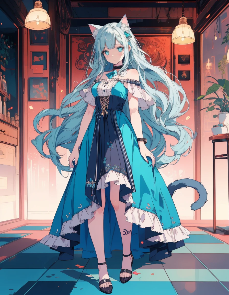 fantasy, red moon, skirt, tattoo, full body, ((masterpiece, best quality:1.5)), ((Beautiful detailed cat aqua eyes:1.2)), cat ears, pale skin, medium breasts, beautiful hands, beautiful fingers, EasyNegative