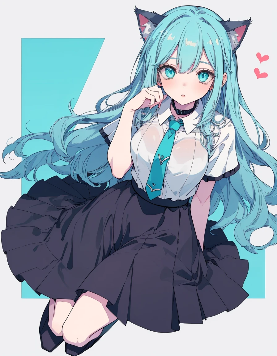 fantasy, red moon, skirt, tattoo, full body, ((masterpiece, best quality:1.5)), ((Beautiful detailed cat aqua eyes:1.2)), cat ears, pale skin, medium breasts, beautiful hands, beautiful fingers, EasyNegative