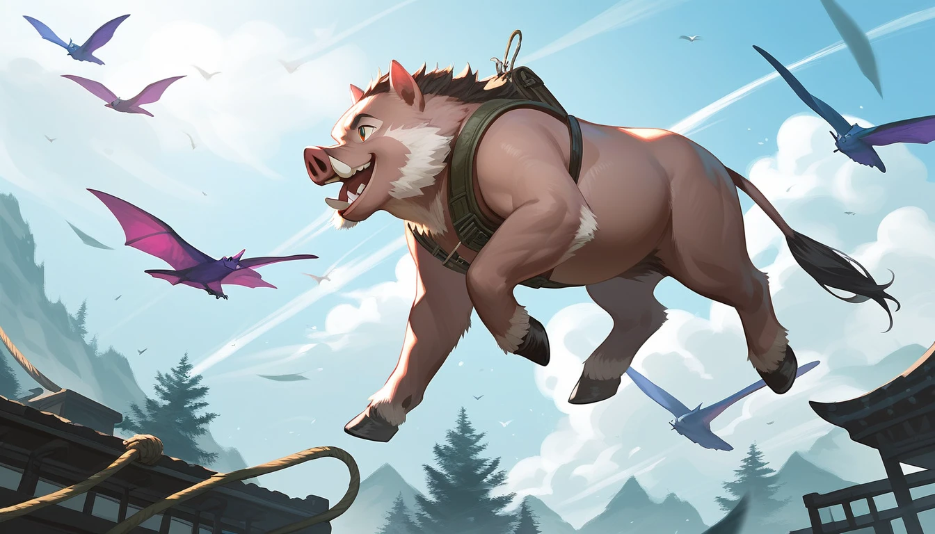 score_9, score_8_up, score_7_up, source_anime, detailed, 8k, cinematic angle, rating safe, wide shot, A flying pink pteranodon grabs a wild boar.