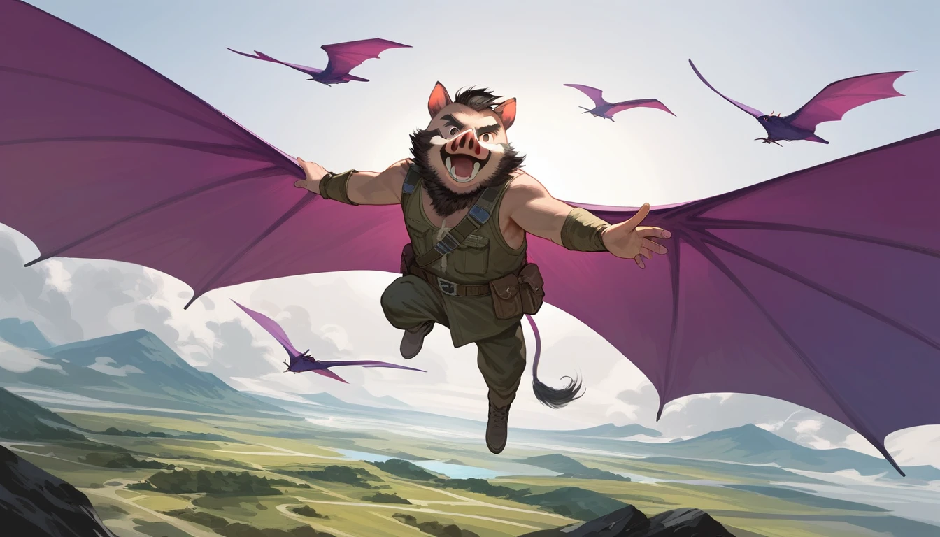 score_9, score_8_up, score_7_up, source_anime, detailed, 8k, cinematic angle, rating safe, wide shot, A flying pink pteranodon grabs a wild boar.