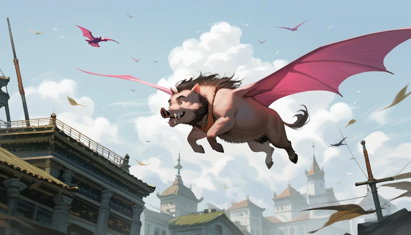 score_9, score_8_up, score_7_up, source_anime, detailed, 8k, cinematic angle, rating safe, wide shot, A flying pink pteranodon grabs a wild boar.