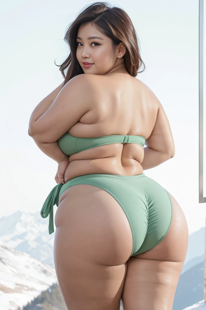 ((Best Quality, 8K, Masterpiece: 1.3)), Chubby woman smile ((best quality)), ((masterpiece)), (detailed), perfect face, USA woman fat , 1 girl, obese body type, big breast size, round face, double chin, Overweight, medium hair ,looking at camera、, thicc, she has a jiggly fat round belly, bbwchan, wearing tight sexy clothes, skinny waist and thick hips, widest hips, her belly is fat and round, soft curvy shape, hyperrealistic full figure, wearing a cute top, wide hips, cropped shoulders,Bare belly,(big assa:0.7),show legs,, thicc, beautiful thick female, beautiful curvy female,, Tall and tall,clear curvy details, curvy hourglass figure, alluring plus sized model, bbwchan, Voluptious body, Curvy model, Curvy body, Be red in the face, 1girll fat , a matural female, A MILF, the golden ratio,(Kpop idol),(Oil skin:1.2),(Oil skin:1.1) background High quality, HD, realistic, HDR. mountain refuge in grey stone, blends into the panoramic view of the mountain, spring landscape (green and flowery), edelweiss, lake, stream that winds, sunset, cool breeze. welcome mountaineers and hikers.