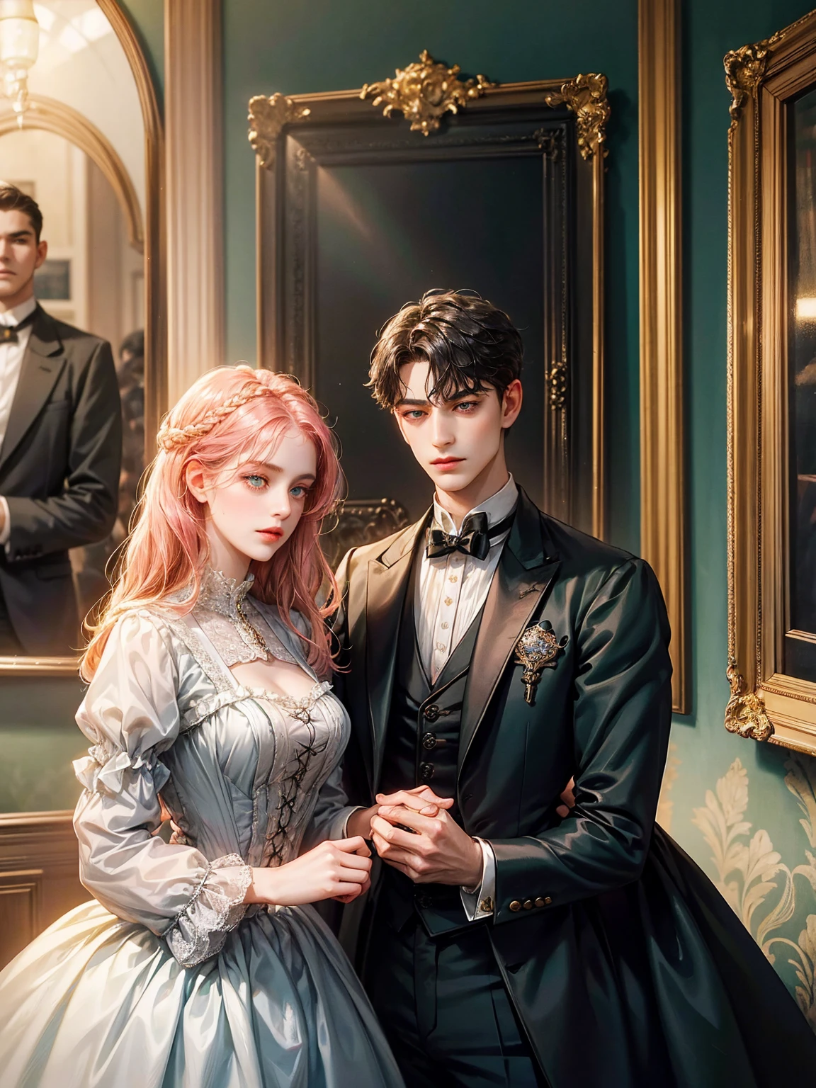 Couple, 1 girl 1 boy. Different hair color, medium black hair with bangs and green eyes, Victorian era pink dress , short bonde hair, wavy hair and (sky blu eyes) , male Victorian era dress. They look at the viewers, height different, detailed face, detailed hands. Background inside of a hall