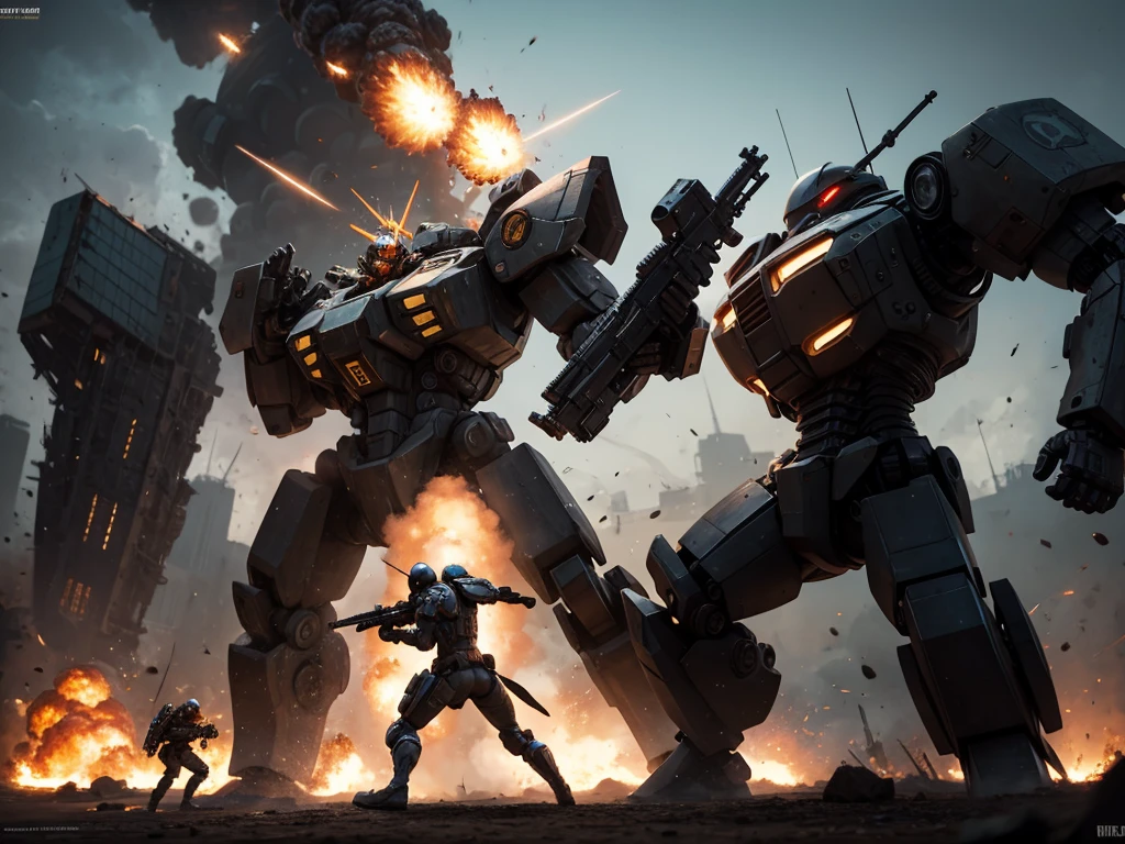 soldiers cheer on as a friendly mech takes down an enemy mech that has been slaughtering the good guys for hours.  gritty military sci-fi, cinematic composition, dramatic depth of field, masterful rendering, hyper-detailed machinery, powerful explosions, heroic soldiers, awe-inspiring scale, stunning visual effects, high-octane combat, jaw-dropping spectacle