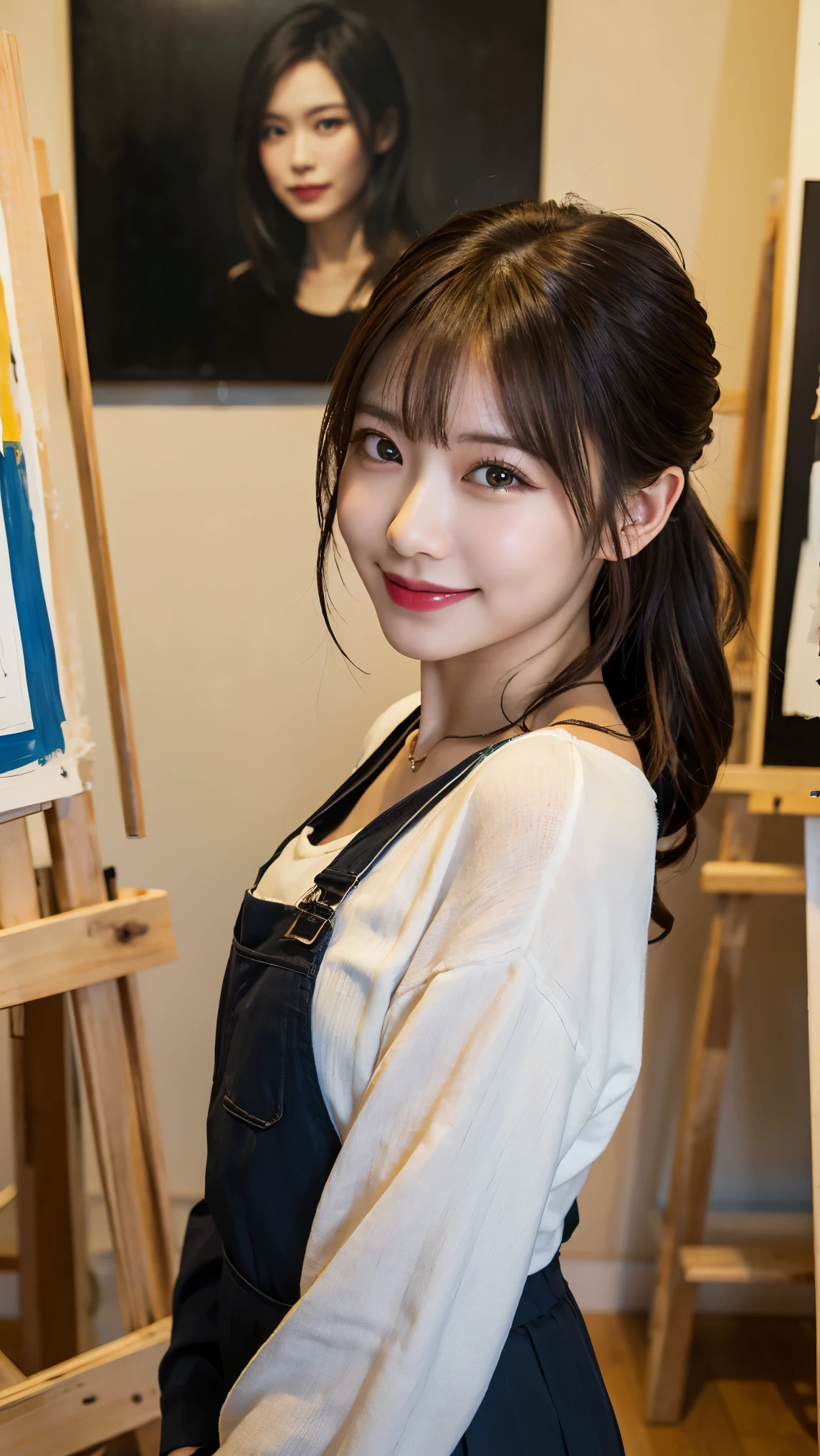 highest quality, masterpiece, 8K, ultra high resolution, (realistic: 1.4), beautiful face, symmetrical eyes, Japanese, brown hair, smile, wearing makeup, high-definition images, atmospheric perspective, super detail, accurate, best quality, a Japanese lady, drooping eyes, sleepy face, blush, skirt, high boots, necklace, A bright, airy art studio with large windows letting in natural light. The studio is filled with easels, canvases, paintbrushes, and various art supplies. There are colorful paintings in different stages of completion all around, she is standing in front of an easel, with a paintbrush in hand. She’s wearing a smock splattered with paint, and her hair is tied back. She’s looking at her work with a shy, proud smile, as if caught in a moment of creative inspiration