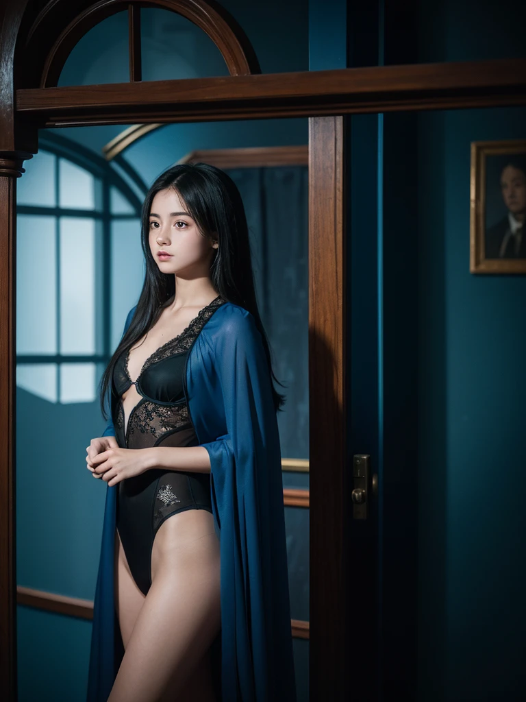 Beautiful age girl. 15 ygirl. Hogwarts student. Ravenclaw student. Ravenclaw logo. Wearing blue sexy transparent witch suit no pants. Small breast. No bra. No underwear. Blue Ravenclaw cloak. Wand. Her look represent the Wisdom and Witty persona. In front of Ravenclaw room. Standing pose. Powerful young witch. Black hair. Beautiful teenage face.