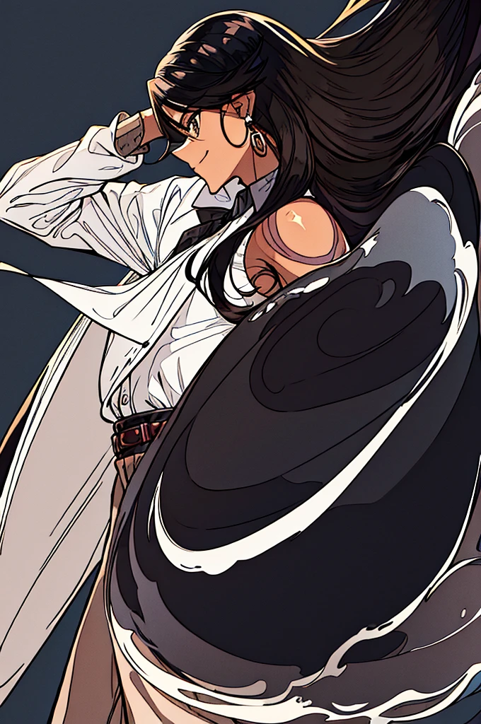 1man, young man, brown skin, brown eyes, mischievous smile, curly mid-long hair, black hair, wolfcut hairstyle, formal outfit, white shirt with rolled up sleeves, white shirt top buttons open, tattooed forearms, black kerchief around neck, black suit pants, black leather belt with silver buckle, black suit jacket, jacket over shoulders like a cape, black leather boots with silver buckles, silver rings on fingers, three silver earrings on right ear, no white skin, hunterxhunter anime style