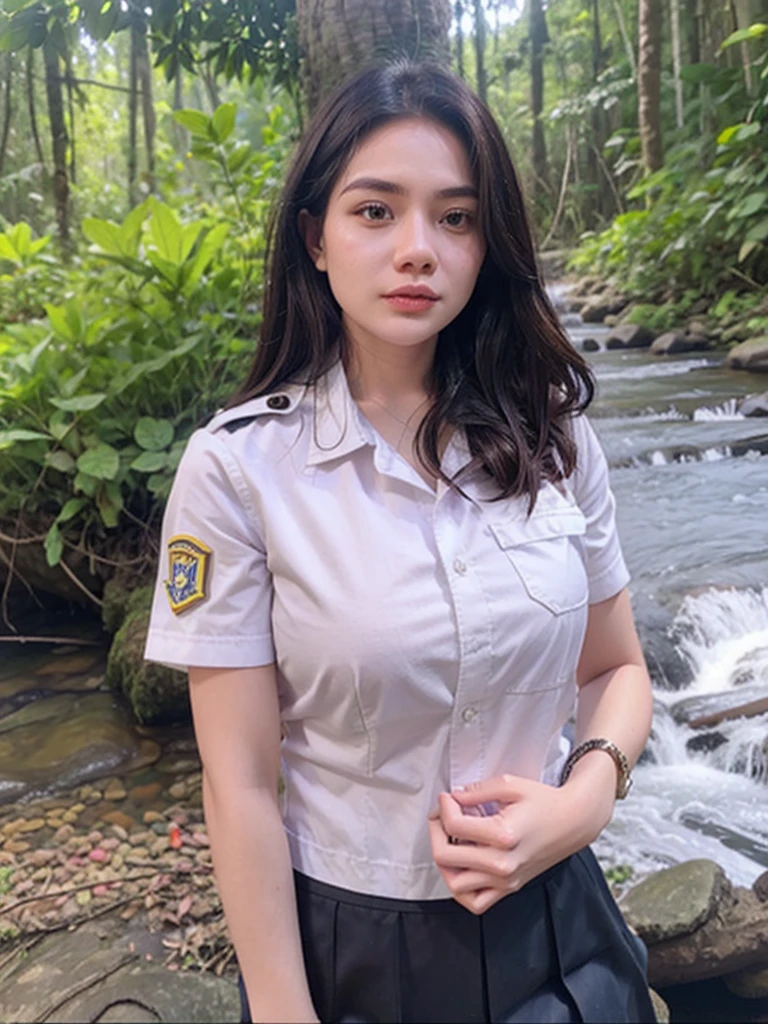 A woman in uniform standing in front of a stream, girl wearing uniform, in front of a forest background, gorgeous jungle ranger, HIGH RESOLUTION, in uniform, 1 8 yo, BIG BOOB, forest hunter lady, Girl Scouts, in jungle, PERFECT DETAIL, leaked photo, portrait of a female ranger, ULTRA SHARP