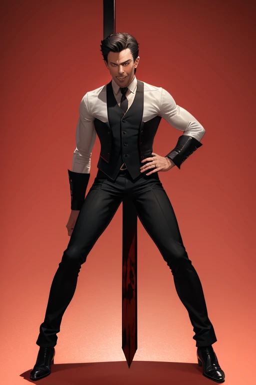 Hugh Jackman from Wolwerine 40 years old Black vampire short hair red vintage vest with black pointed ears red eyes black pants Stempunk Steampunk clothing black vintage decorations Steampunk holding a blood sword looking directly at the viewer red background