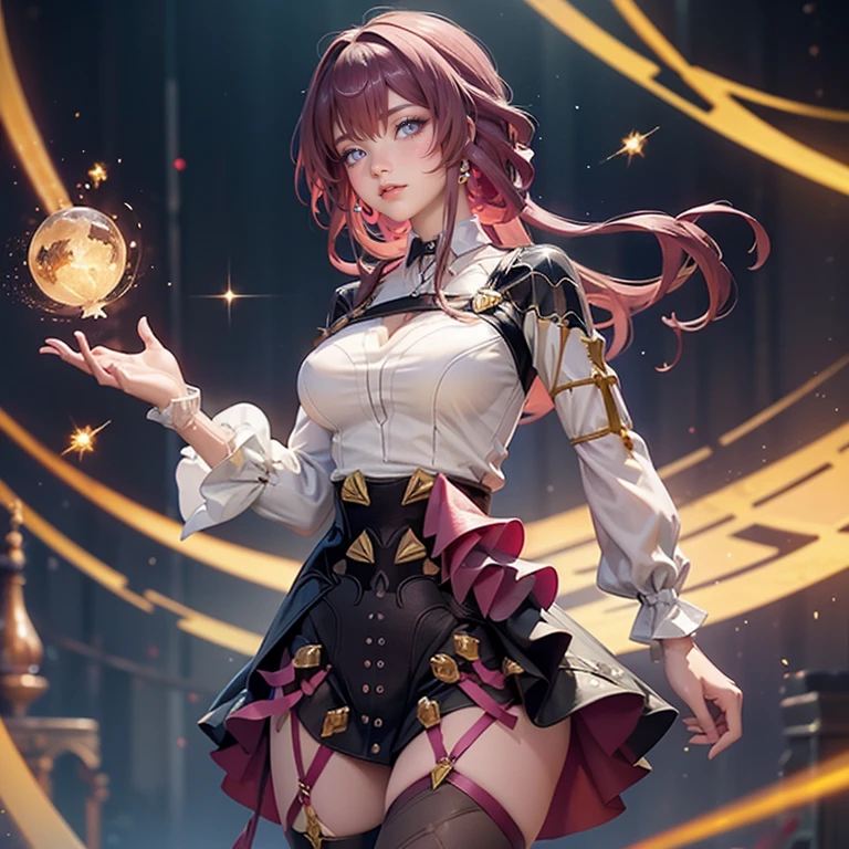 Kafka_(honkai: star rail), medium hair, flowing hair, floating hair, ornament hair, perfectly body, perfectly hands, dark pink rose on hair, 1 girl, Looking at the audience, flowing hair, Beautiful Eyes, Plump and glossy lips, Idol, dress with too many frills, black dress, gold laces, black Short skirt, Drape clothes, red gem, Lace trim, bright stage, luxury gold details, gold jewelry, more details, best quality, Big sparkling eyes, blushing, Striped Lace Stockings, black Lolita skirt, sparkle, solo, centered girl, cowboy shot, perfectly body, perfectly hands, two arms, two legs, two hands, five fingers, perfect anatomy, glowing hair, red roses, 1girl, dress, solo, flowing hair, floating hair, ornament hair, perfectly body, perfectly hands, on the stage, sparkles, more details on her clothes, dress with transparency, golden details on her dress, night, holding a microphone, ((4k, masterpiece, top-quality)), 8k, best quality, high resolution, UHD, (illustration:0.8), super cute girl, delicate and beautiful face, mature girl, super cute hairstyle, (beautiful detailed eyes:1.6), extremely detailed face, perfect lighting, extremely detailed CG, (perfect hands, perfect anatomy), Best quality, cleavage, small skirt, full Body, two arms, two legs, two hands, five fingers