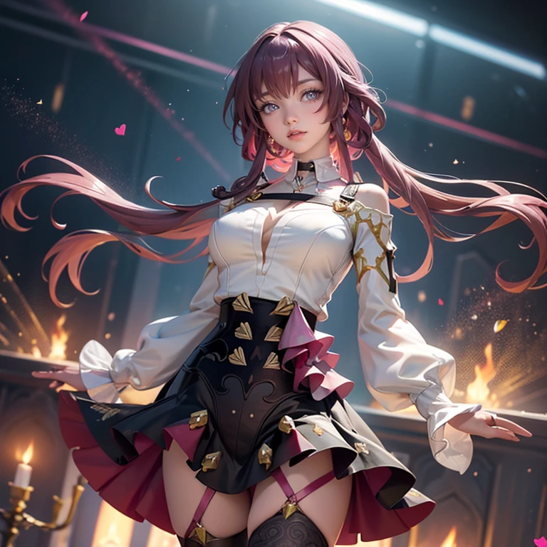 Kafka_(honkai: star rail), medium hair, flowing hair, floating hair, ornament hair, perfectly body, perfectly hands, dark pink rose on hair, 1 girl, Looking at the audience, flowing hair, Beautiful Eyes, Plump and glossy lips, Idol, dress with too many frills, black dress, gold laces, black Short skirt, Drape clothes, red gem, Lace trim, bright stage, luxury gold details, gold jewelry, more details, best quality, Big sparkling eyes, blushing, Striped Lace Stockings, black ta skirt, sparkle, solo, centered girl, cowboy shot, perfectly body, perfectly hands, two arms, two legs, two hands, five fingers, perfect anatomy, glowing hair, red roses, 1girl, dress, solo, flowing hair, floating hair, ornament hair, perfectly body, perfectly hands, on the stage, sparkles, more details on her clothes, dress with transparency, golden details on her dress, night, holding a microphone, ((4k, masterpiece, top-quality)), 8k, best quality, high resolution, UHD, (illustration:0.8), super cute girl, delicate and beautiful face, mature girl, super cute hairstyle, (beautiful detailed eyes:1.6), extremely detailed face, perfect lighting, extremely detailed CG, (perfect hands, perfect anatomy), Best quality, cleavage, small skirt, full Body, two arms, two legs, two hands, five fingers