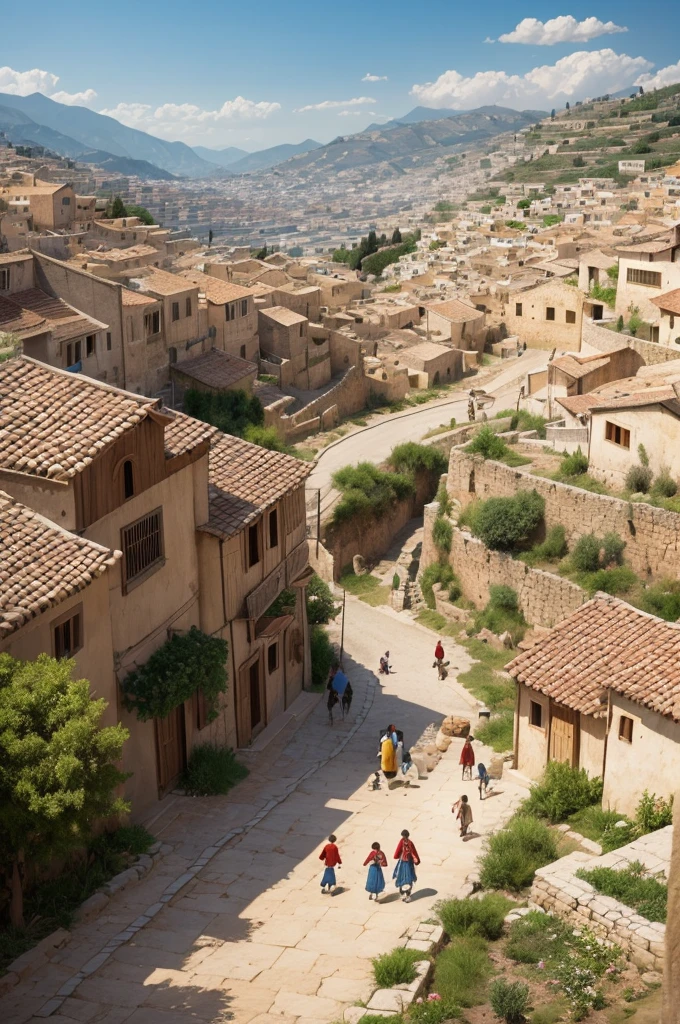 “Create a detailed illustration of the ancient city of Nazareth. The image should depict a small village with simple stone houses, dirt streets and typical vegetation of the region. Include elements like people wearing traditional clothes, pack animals like donkeys, and scenes of everyday activities such as women carrying jugs of water, children playing and men working. The atmosphere should convey a feeling of tranquility and simplicity, with an earthy and soft color palette. Also add a view of the hills in the background, representing the natural geography of the region.”