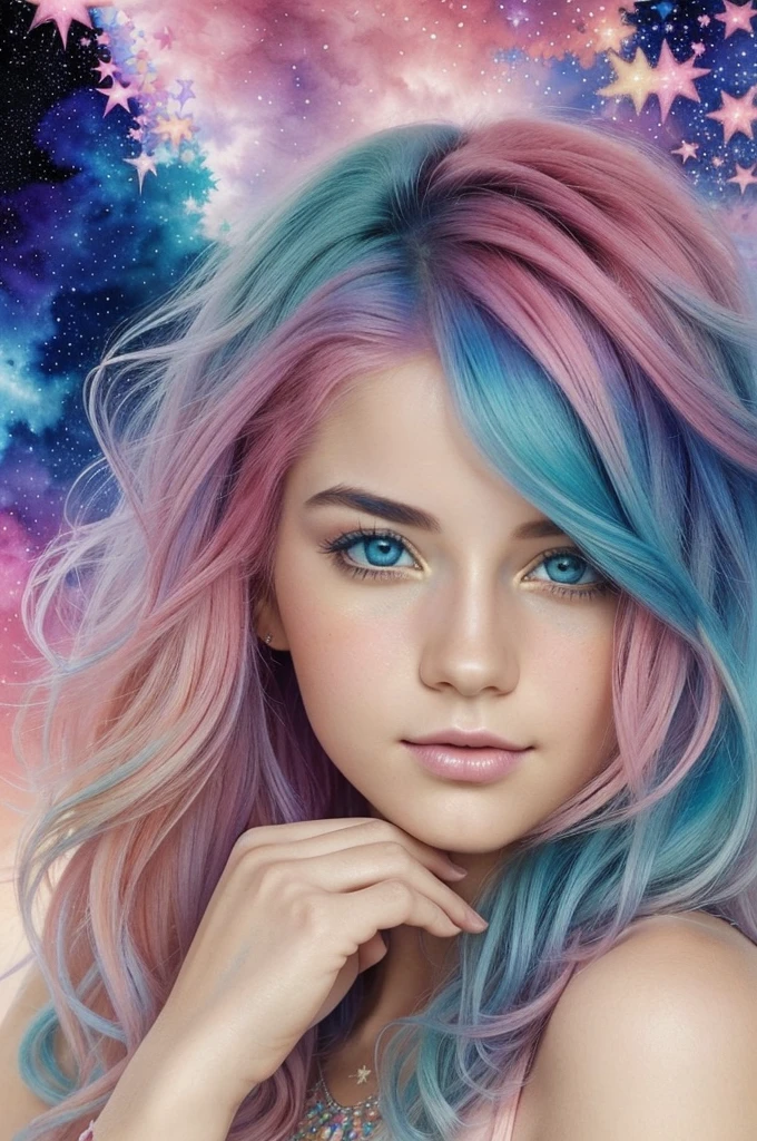 Masterpiece, Superior quality, Best Quality, watercolor (half), Official Art, beautiful and aesthetic: 1.2), (1 girl: 1.3), (fractal art: 1.3), looking at the viewer, patterns, (color pastel, cabello colorful, Half blue and half pink hair: 1.2), cloud, colorful, starry, stars, detailed face, detailed eyes, detailed hands, whole body, half desnudo
INFORMACIÓN