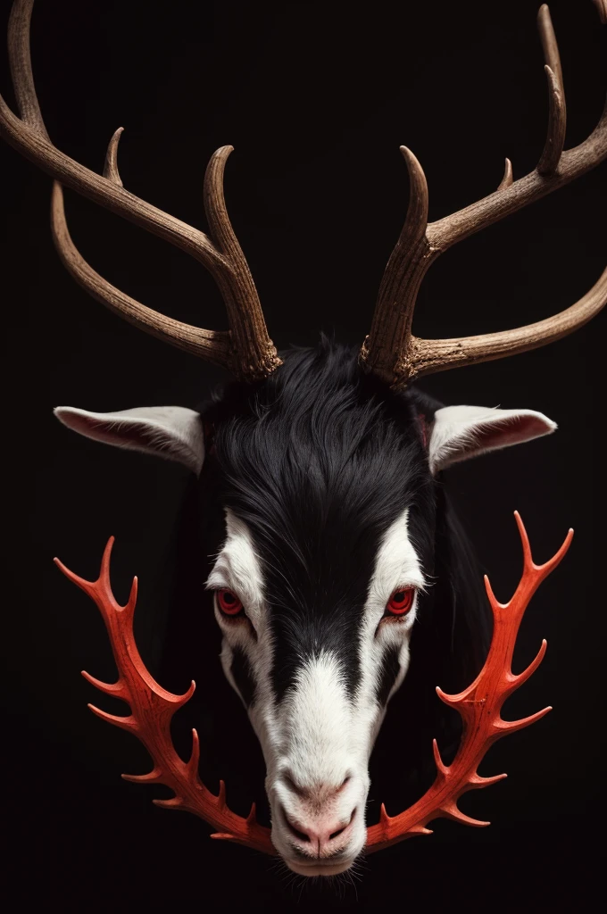a creature, goat's head, antlers, Eyes red, Black Wings, pentagrams macabre dark background dark background,