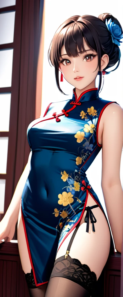 High resolution, adult woman , good lighting, despicable, , (No nudity), (((China dress))), (()), ((())), (garter belt), abdomen only, (), , cute face, I'm embarrassed and blush, humiliating, ((turn around and look back)), ((See-through))()(T-back)(a large amount of is on the body,)