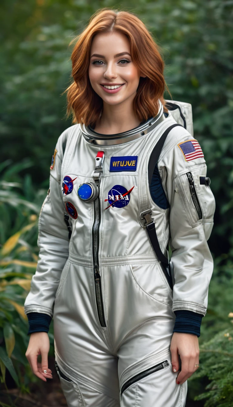 ultrarealistic high quality full body photo of a beautiful busty slim european 25-year-old woman with cute hyperdetailed shy face and natural redhead middle length hair and shy smile , realistic round hazel eyes, natural lips, dark eye makeup with eyeliner, wearing shiny astronaut overall outfit, hourglass body, outdoor photography, tanned