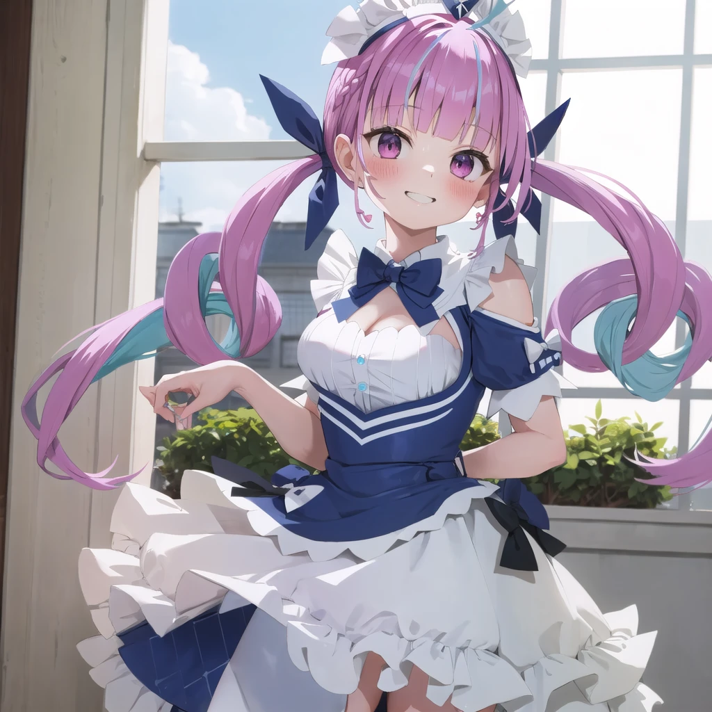 masterpiece, ultra detail, best quality, girl, shy, Minato aqua, Uniform Outfit,Make a heart with your hands., blush, comiket_cosplay_Hiroba, camera, indoor, holding camera, multiple boys, day, crowd, taking picture, blue sky, photo background, backwards , iiaqua, twintails, drill hair, cowboy shot, standing, home, smile