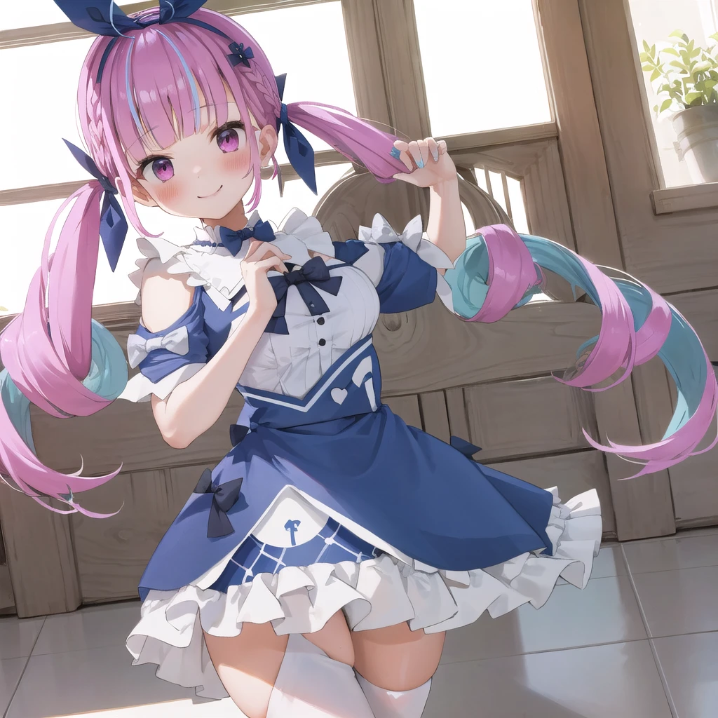 masterpiece, ultra detail, best quality, girl, shy, Minato aqua, Uniform Outfit,Make a heart with your hands., blush, comiket_cosplay_Hiroba, camera, indoor, holding camera, multiple boys, day, crowd, taking picture, blue sky, photo background, backwards , iiaqua, twintails, drill hair, cowboy shot, standing, home, smile