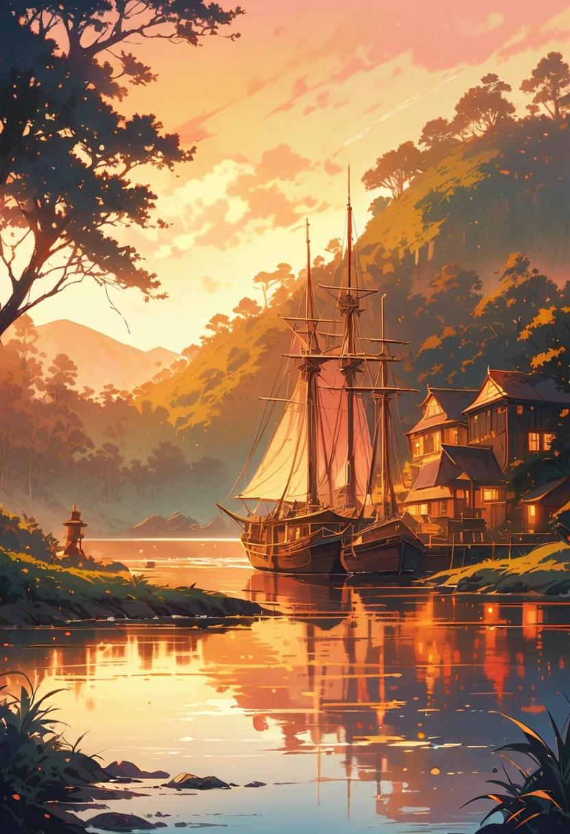 “It represents the British Colonization in Australia at dawn. The landscape shows the coast of Sydney in 1788: a wide bay with calm waters, small boats docked near the shore and hills covered with vegetation in the background. Use warm tones (Golden, oranges and pinks) for heaven. The style must be realistic, with sharp details on the boats, wooden structures and British settlers. Adds a soft glow around the rising sun and reflections in the water.”