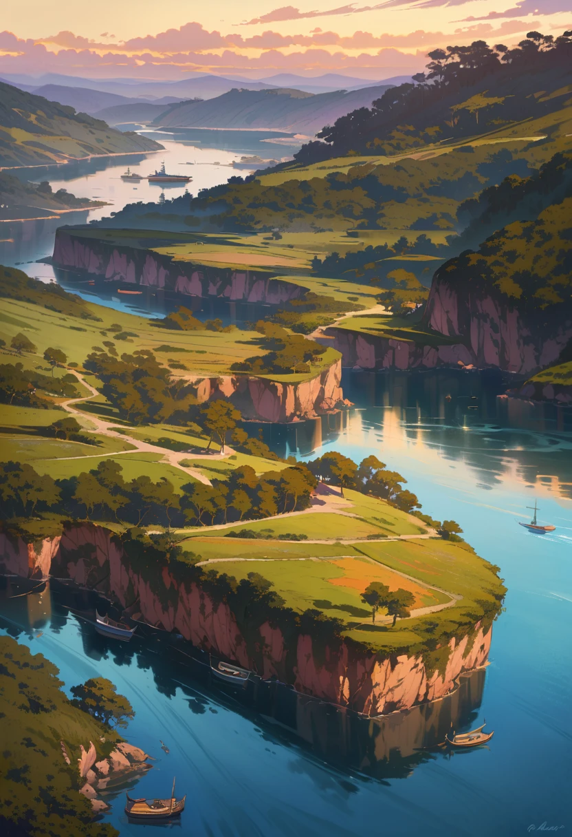 “It represents the British Colonization in Australia at dawn. The landscape shows the coast of Sydney in 1788: a wide bay with calm waters, small boats docked near the shore and hills covered with vegetation in the background. Use warm tones (Golden, oranges and pinks) for heaven. The style must be realistic, with sharp details on the boats, wooden structures and British settlers. Adds a soft glow around the rising sun and reflections in the water.”