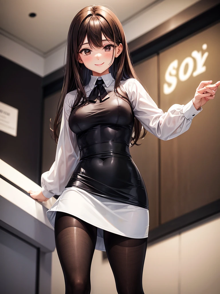girl in a white shirt and black skirt  ,in black tight tights ,brown-haired ,  full length  , Erotic smile