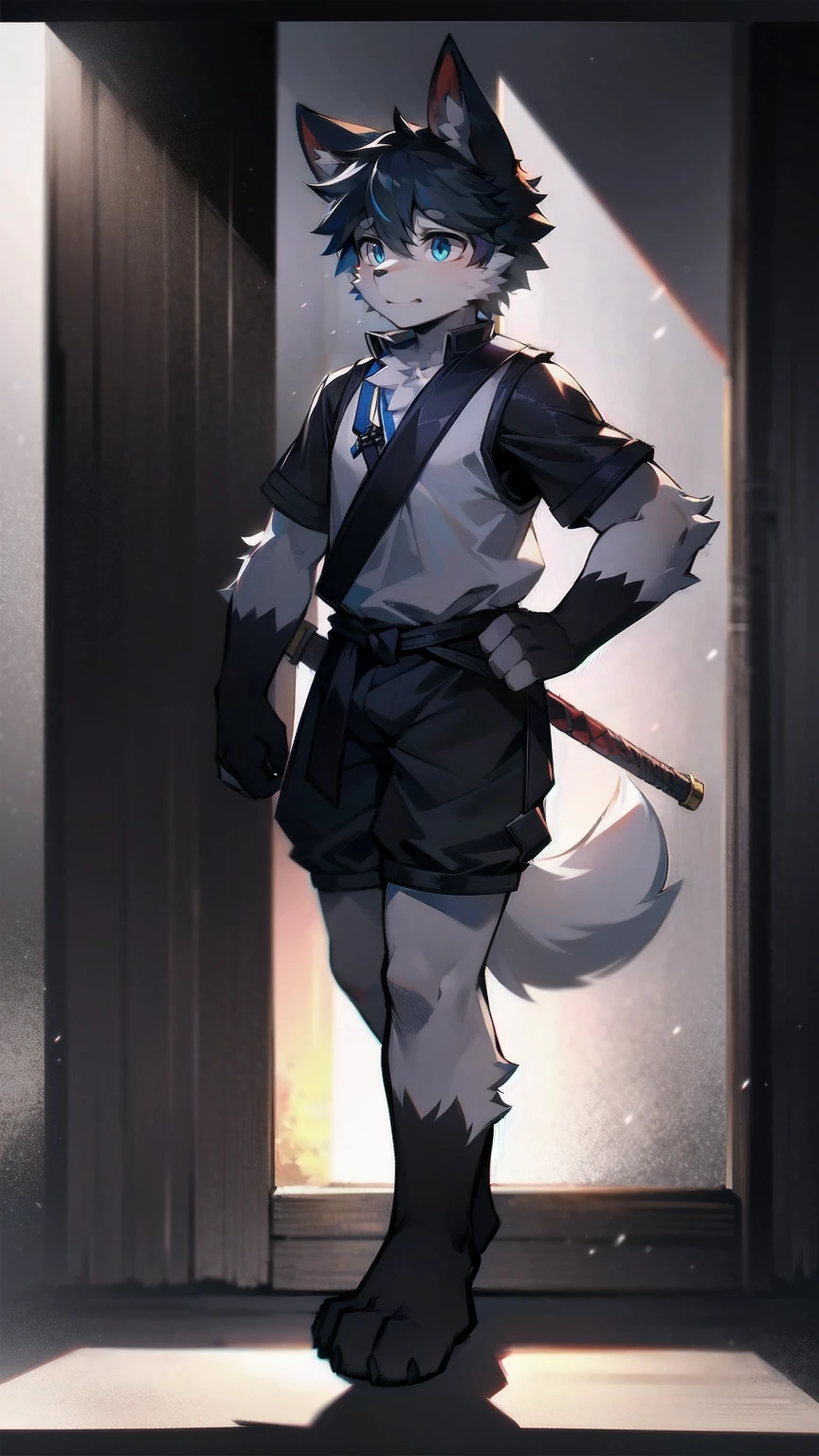 White Wolf,black hair,Sky blue eyes,hairy,Wolf ears,Wolf tail,Full body portrait,The character is in the center of the frame,Handsome,Confident eye***but,juvenile,Black and white combat uniform,Red neck bib,Black shorts,Short sleeve,hairy arms and legs,Dark background,Dark battlefield,dawn,sunrise,dawn,illumination,shadow,Swordsman,Scabbard and Hold the hilt of a in your hand,The scabbard is at the waist,Highest quality,A tall stature