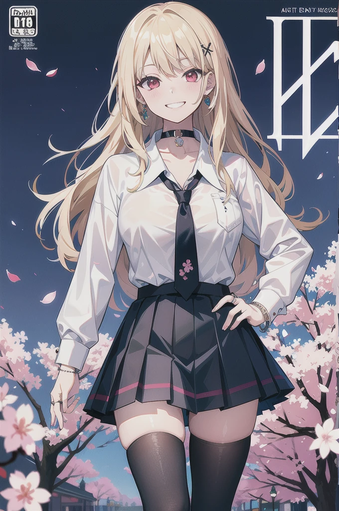 masterpiece, best quality, full body,
1girl, bangs, black choker, black necktie, blonde hair, blue skirt, blush, bracelet, breasts, choker, clothes around waist, collarbone, collared shirt, cowboy shot, dress shirt, ear piercing, eyebrows visible through hair, gradient hair, grin, gyaru, jewelry, kogal, long hair, looking at viewer, loose necktie, necktie, piercing, plaid, plaid skirt, pleated skirt, red eyes, ring, , shirt, skirt, smile, solo, white shirt,
street, sky, cherry blossoms, petals,illustration, (magazine:1.3), (cover-style:1.3), fashionable, woman, vibrant, outfit, posing, front, colorful, dynamic, background, elements, confident, expression, holding, statement, accessory, majestic, coiled, around, touch, scene, text, cover, bold, attention-grabbing, title, stylish, font, catchy, headline, larger, striking, modern, trendy, focus, fashion,