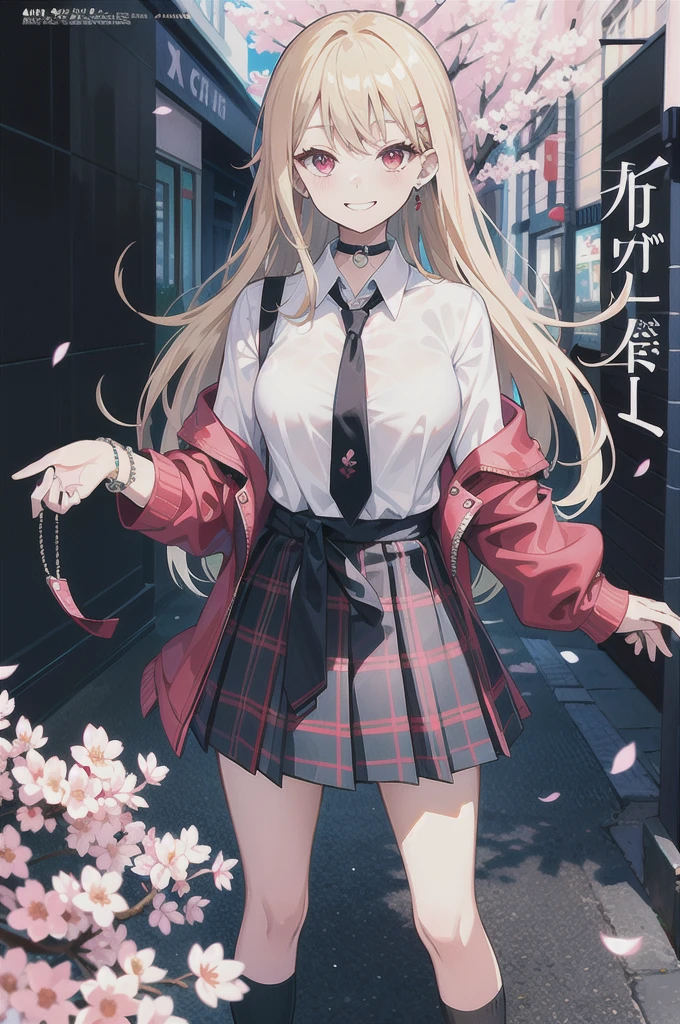 masterpiece, best quality,  full body,
1girl, bangs, black choker, black necktie, blonde hair, blue skirt, blush, bracelet, breasts, choker, clothes around waist, collarbone, collared shirt, cowboy shot, dress shirt, ear piercing, eyebrows visible through hair, gradient hair, grin, gyaru, jewelry, kogal, long hair, looking at viewer, loose necktie, necktie, piercing, plaid, plaid skirt, pleated skirt, red eyes, ring, , shirt, skirt, smile, solo, white shirt,
street, sky, cherry blossoms, petals,illustration, (magazine:1.3), (cover-style:1.3), fashionable, woman, vibrant, outfit, posing, front, colorful, dynamic, background,  elements, confident, expression, holding, statement, accessory, majestic, coiled, around, touch, scene, text, cover, bold, attention-grabbing, title, stylish, font, catchy, headline, larger, striking, modern, trendy, focus, fashion,