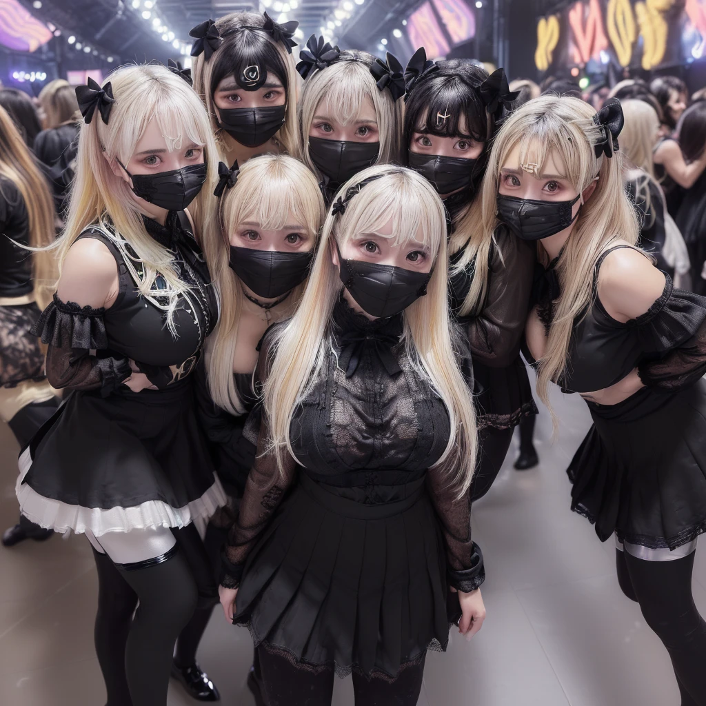 8K resolution, surreal, Super detailed, high quality, perfect anatomy, perfect proportion,
((((((A group photo of home party at midnight, women only, most crowded indoor festival at night club, 4 girls, group photo)))))),
(((((black clothes, jirai fashion, with many frills, Lace, pleated skirt, micro mini skirt, bow ribbon))))),
(((pink clothes, grey clothes))),
((grin, smile, happy)), ((((wearing black face mask)))),
((((bright bleached hair))))+, (((super large breasts))), posing,
(((shiny detailed oiled porcelain skin))),
(((black see-through tights))), looking at viewer, full body
