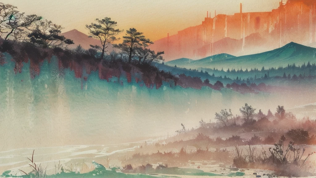 (Vision) (Horizon composition) Soft Light, Like the light of a rainbow, Fall from a height. Rizhao Jinshan,Mountains. (Ink painting on Japanese paper, Bleeding easily)(Contemporary art like a picture book) (Transparent watercolor) (Light itself expresses reality) (Soft layer, Rich colors) (Diluting the paint with water) (deep, Delicate colors)