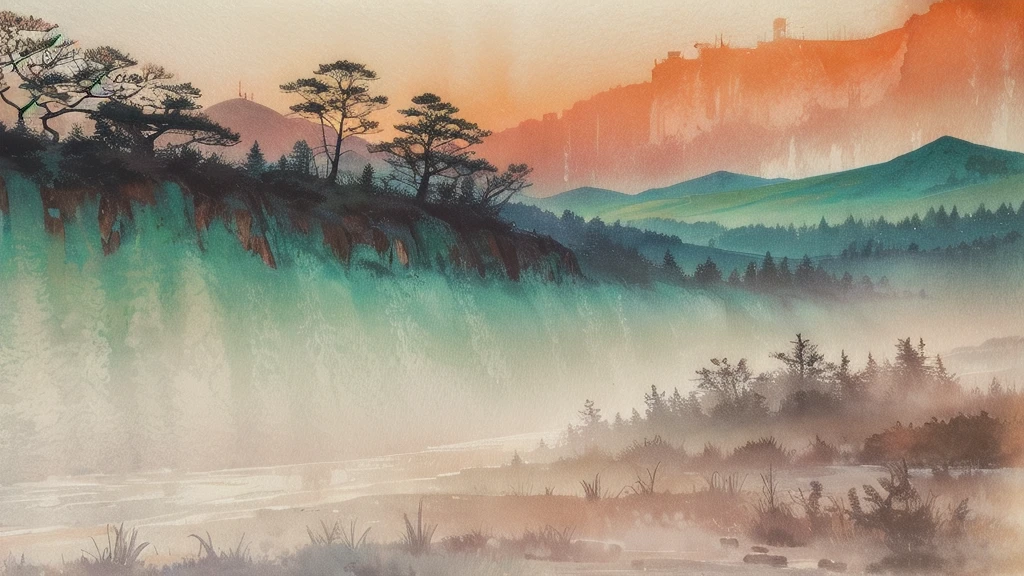 (Vision) (Horizon composition) Soft Light, Like the light of a rainbow, Fall from a height. Rizhao Jinshan,Mountains. (Ink painting on Japanese paper, Bleeding easily)(Contemporary art like a picture book) (Transparent watercolor) (Light itself expresses reality) (Soft layer, Rich colors) (Diluting the paint with water) (deep, Delicate colors)