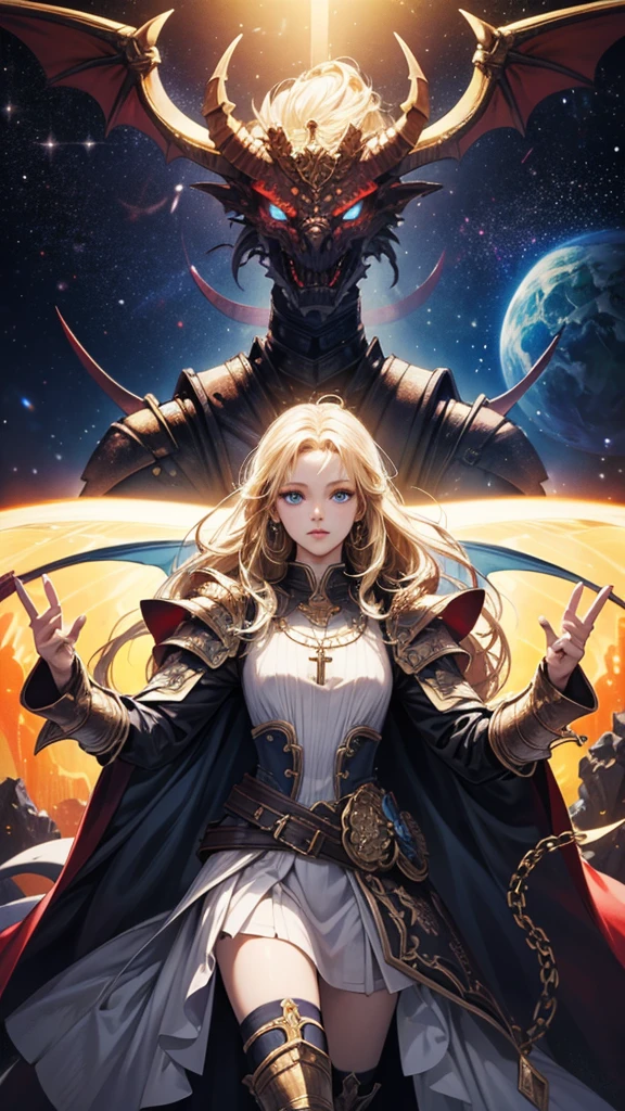 (masterpiece、Highest quality:1.3)、Super detailed、complicated、8K、High resolution、wallpaper、Cinema Lighting、A beautiful demon warrior wearing dragon armor crafted from space metal.、Glamour、１7 years old、Blonde、blue eyes、Traveling between time and space、Cross Necklace、