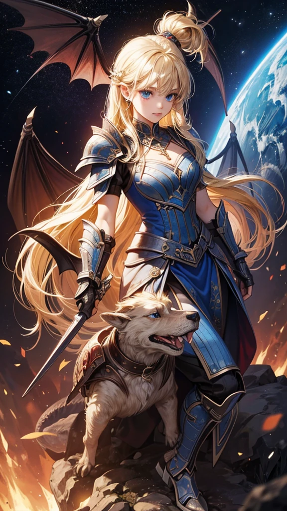 (masterpiece、Highest quality:1.3)、Super detailed、complicated、8K、High resolution、wallpaper、Cinema Lighting、A beautiful demon warrior wearing dragon armor crafted from space metal.、Glamour、17 years old、Blonde、blue eyes、Traveling between time and space、Cross Necklace、