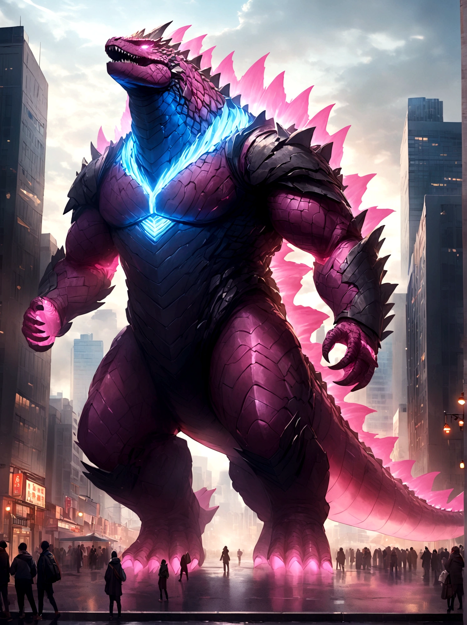 solo, full body, outdoors, city, glowing, building, no humans,pink godzilla