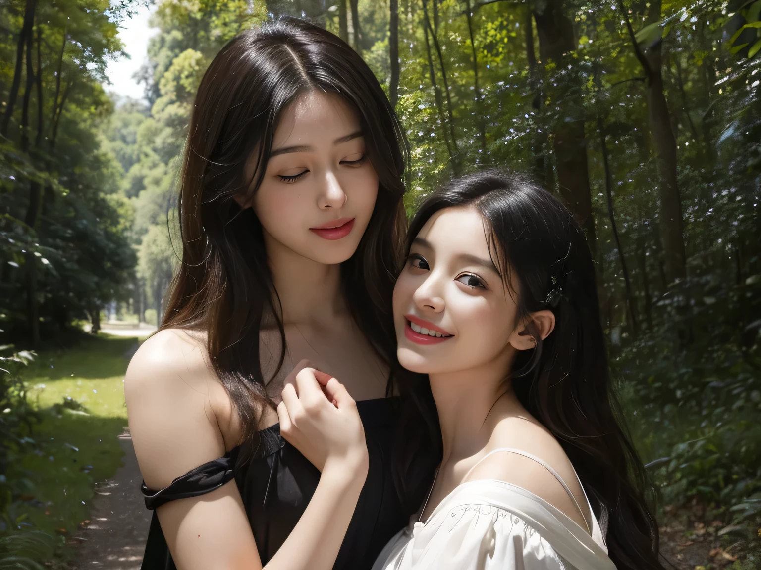 Giorgione painting style,Barbizon forest A beautiful woman in Greek dress smiles on the shore,Sweet and seductive appearance.、Caravaggio's paintings、Chiaroscuro of Caravaggio、hair tousled by the wind,Two women frolicking,cute smile, expression of ecstasy,Sexy,erotic, full body portrait