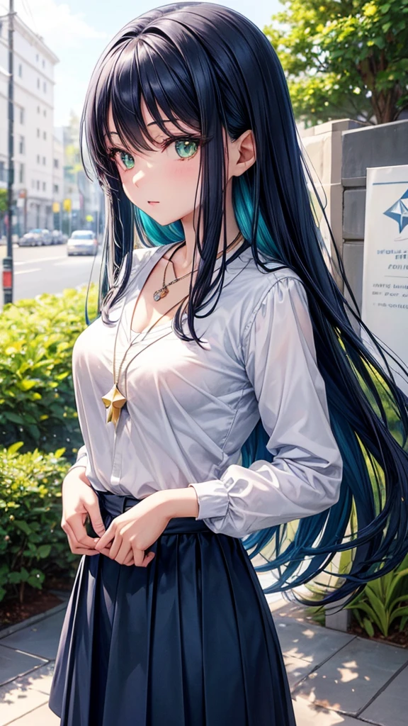 Aiko has long, straight dark blue hair that reaches her waist., large, bright emerald green eyes and a medium height. She usually wears her , but is also seen wearing smart casual clothes outside of school. Always wear a necklace with a star-shaped pendant, a gift from your grandmother.