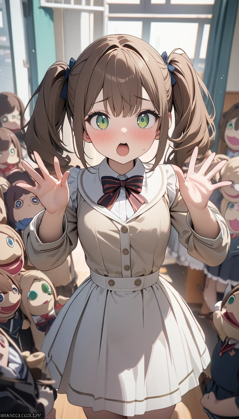 (((masterpiece, Highest quality, High resolution,8K,Perfect hands))),1 Girl,Twin tails,Medium Hair,Brown Hair,surprised, Open your mouth:0.7,,Medium chest,Green Eyes,School,Please raise your hand,(((puppet:1.3)))