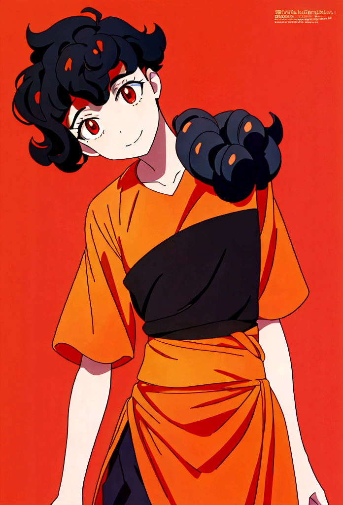Adult Cartoon Boy, black curly hair, hair cut on the sides, orange blouse, red eye color, with a happy face smiling, from the waist up, White simple background