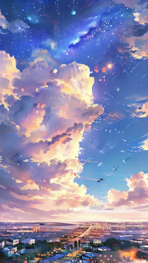 Masterpiece、Highest quality、Super detailed、A starry sky、milky way、Girl looking down at the cityscape