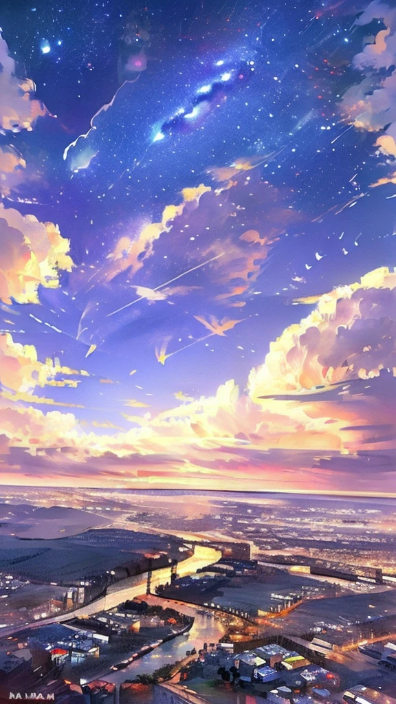 Masterpiece、Highest quality、Super detailed、A starry sky、milky way、Girl looking down at the cityscape